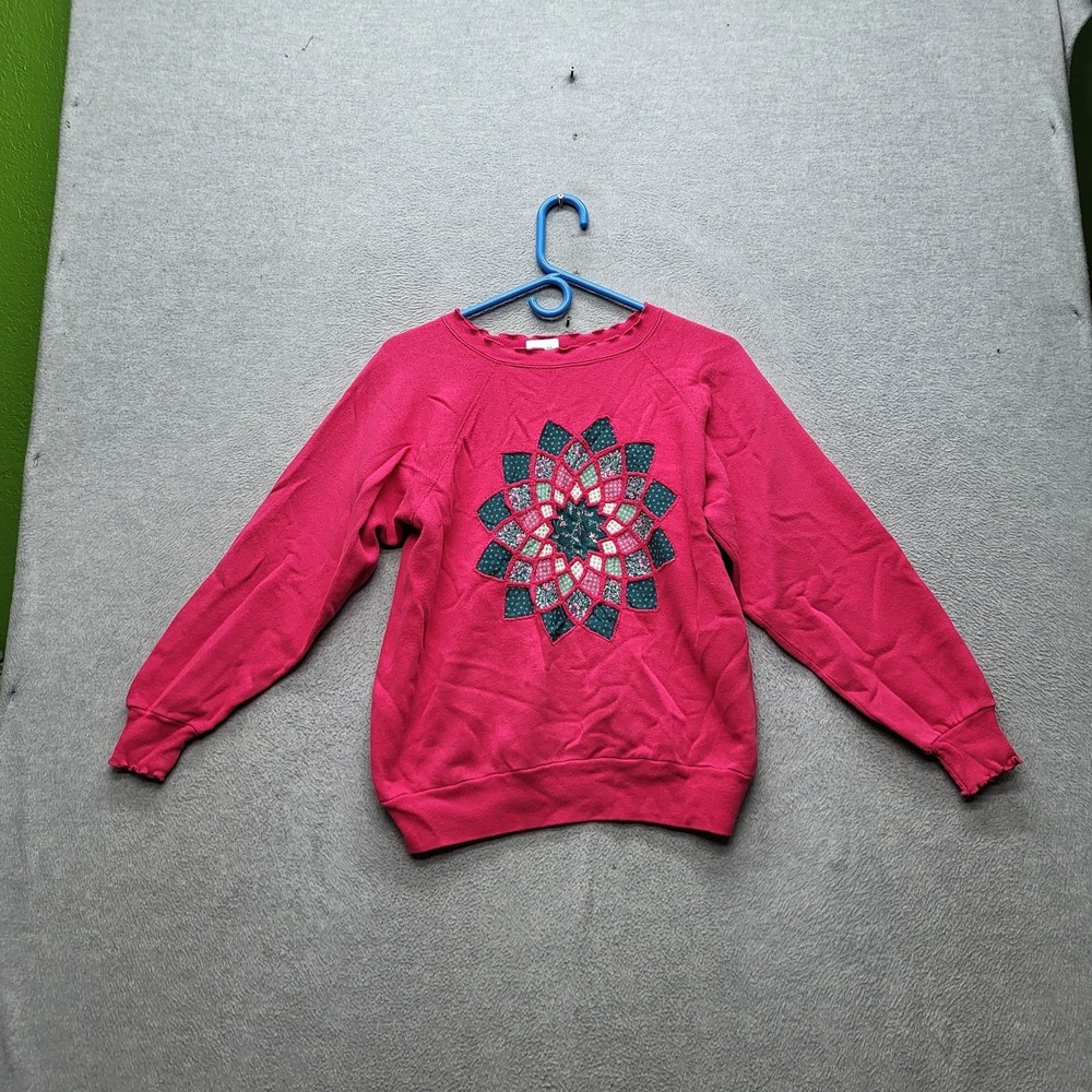 VINTAGE Reeves Women Sweatshirt M Pink Geometric Grandma Quilted 80s USA